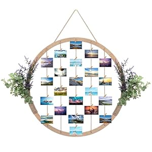 Large Round Wooden Picture Frames, 60CM/23.62″ Eucalyptus and Lavender Hanging Display Board Photo Frames Collage Wall Decor, for Spring Summer Mother’s Day Christmas Holiday, Gift.
