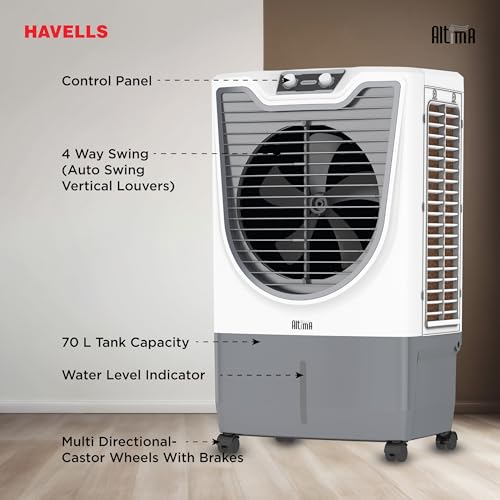 Image of Havells Altima 70 L Desert Air Cooler for Home /Office|Powerful Air-Delivery|Bacteria Shield Honeycomb Pads|Ice Chamber|Front Wheels with brakes|Double Ball Bearing Motor|Inverter Compatible