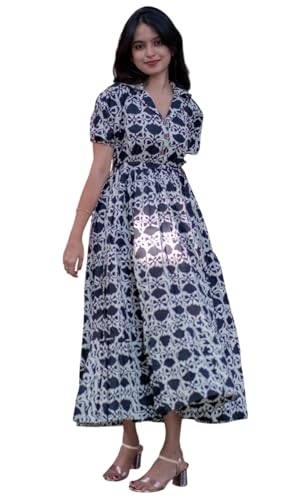Image of Sun Fashion And Lifestyle Women's Rayon Printed Maxi Length Dress | Puff Sleeve Button Down Dress | Fit & Flare Casual Wear Dress for Women & Girls (GWN3 Cream)