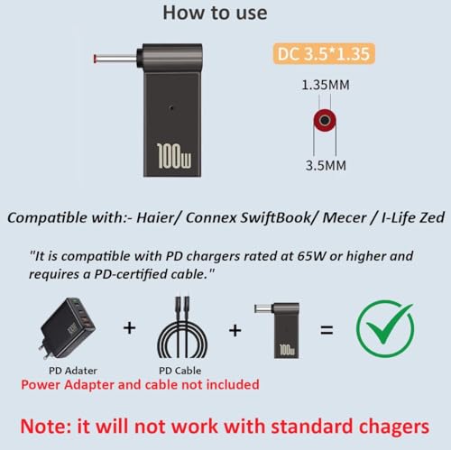 Image of Tobo USB C Female to DC Adapter, 90 Degree USB C to 3.5 x 1.35 mm, DC Barrel Jack Plug Converter, 100W 5A PD Portable Power Charger Connector for Laptop TD-1254CC