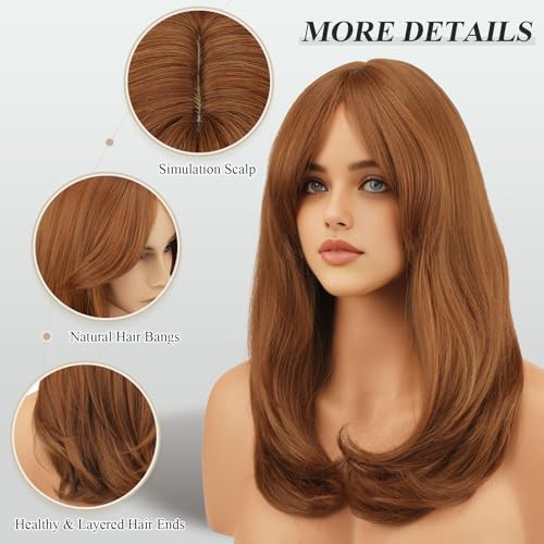 Image of FESHFEN Wigs with Bangs for Women, Synthetic Natural Looking Long Layered Straight Auburn Hair Wig for Women Daily Party Use 18 inch