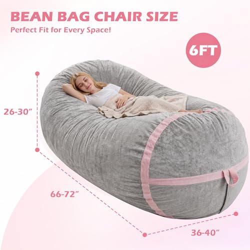 Image of 6FT Bean Bag Chair 6'Giant Bean Bag Chairs with Adults, Large Beanbag Chair | Bean bag Lounger with Washable Cover Luxurious Velvet Fabric, Comfy Chairs for Living Room, Bedroom Dorm, Lightgrey with Pink
