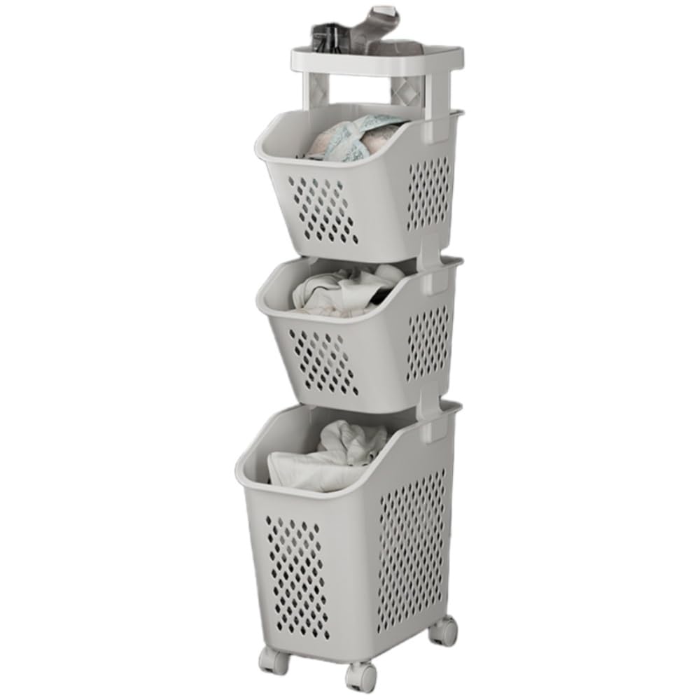 Laundry Basket with Wheels Large Laundry Basket with 4 Wheels Laundry Room Organization and Storage Clothes Sorting Laundry Basket for Bathrooms Bedrooms White(Three Floors)