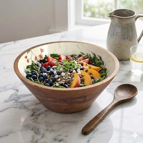 Image of SAAGA Printed Mango Wood Bowl - 10x4 Inch Handcrafted Round Serving Bowl with Food-Grade Finish for Noodles, Soups, Curries & Snacks - Celosia