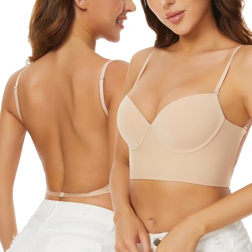 Low Back Bras for Women-Seamless Invisible Backless Bra-Lightly Lined Demi Multiway Bra No Show Low Cut Halter Bras