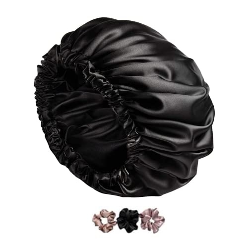 Image of GO WELL Reversible Satin Silk Bonnet With 3 Scrunchies - Adjustable Hair Cap for Sleeping, Curly Hair Wrap (Black)