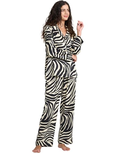Image of YiNi LuLu Womens Silk Satin Pajamas Set Button Down 2 Piece Pjs Long Sleeve Oversized Sleepwear with Pockets