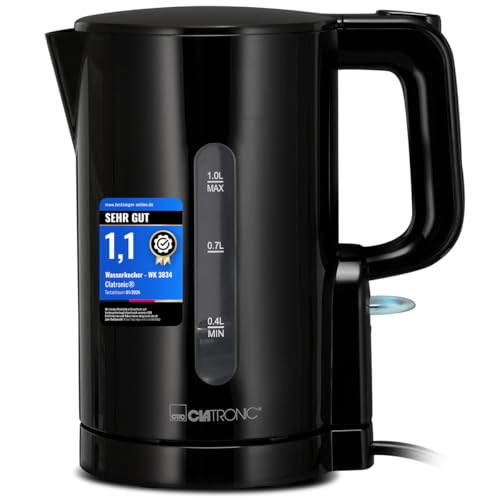 Bollitore Clatronic 1L | 900W | Senza BPA | Comando con una sola mano | Indicatore del livello dell'acqua | Bollitore | Protezione contro il surriscaldamento | WK 3834 nero