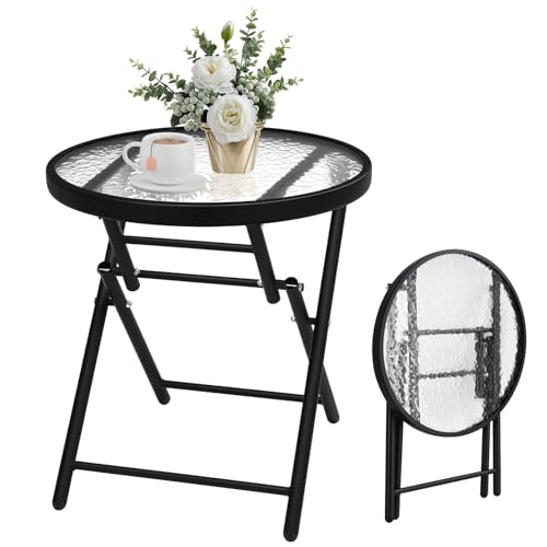 VINGLI Folding Glass Outdoor Side Table, 18 Inches Small Foldable Patio Bistro Table with Tempered Glass Table Top for Lawn & Garden, Balcony, Porch and Pool, Round