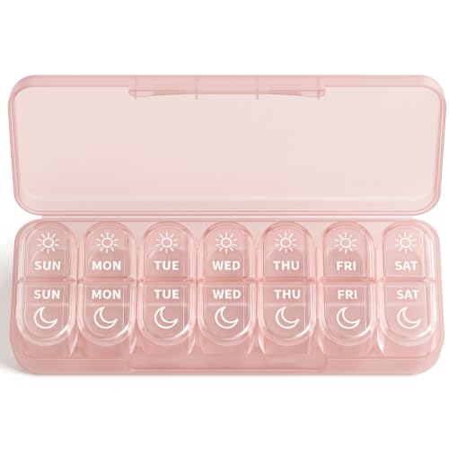 Image of Weekly AM PM Detachable Pill Organizer 2 Times a Day, Wear Resistant Large Print Medicine Pill Organizer for Arthritis, Seniors & Caregiver, Purse Travel Use - Pink