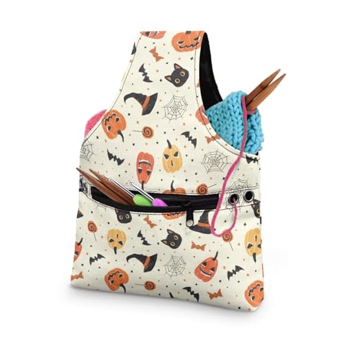 Image of KUIFORTI Halloween Crochet Bag Small Yarn Bags for Crocheting on The Go Crochet Hook Organizer Halloween Decor Knitting Bags Canvas Crochet Bags and Totes, Pumpkin Cat
