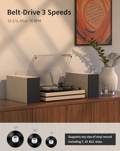Image of Vinyl Record Player with Two External Speakers Belt-Drive Turntables for Vinyls Records Dual Stereo Speakers LP Players 3 Speed Full Size Wireless AUX-in Headphone Auto Stop Wood White