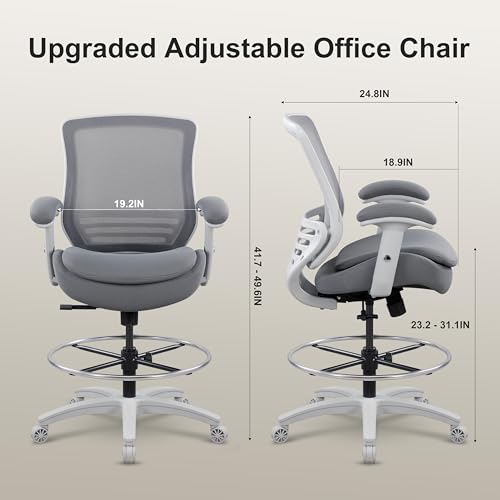 Image of 400lbs Office Drafting Chair Wide Dual Seat Cushion Height Adjustable Armrest for High Standing Desk with Lumbar Support and Enlarged Adjustable Footrest (Light Gray Frame Light Gray Fabric)