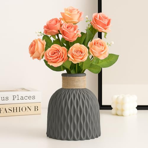 Image of Plastic Pineapple Shape Decorative Vase with Jute Rope Top | Ceramic Look, Unbreakable Flower Pot for Centre Table, Balcony & Living Room Decor | Only Vase (No Flower) (Grey)