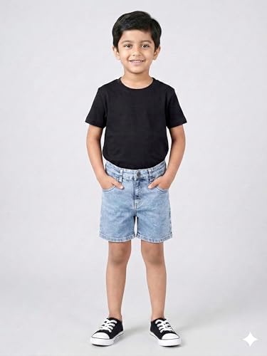 Image of KiddoPanti Boys Knee-Length Denim Shorts | Stretchable Cotton Poly Denim | Comfortable Fit with Button Elasticated Waistband & Zip Fly