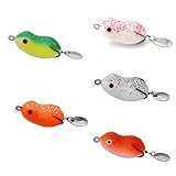 LOWIFAR 5 Pcs Topwater Bass Soft Frog Bait with Spoon Fishing Hollow Body Frog Pike Snakehead Lure with Weedless Double Hooks for Freshwater