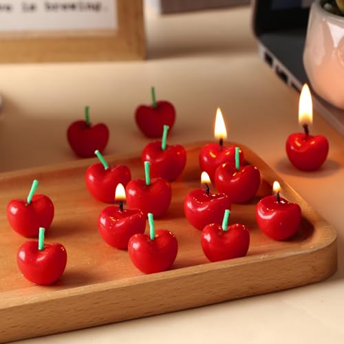 Conelist 15 Pcs Cherry Shaped Birthday Candles Cute Fruit Shaped Candles Mini Cherry Party Favors Decorative Cake Decorations Soy Wax Cupcake Toppers for Wedding Table Gift(Red)