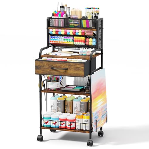 Homsorout Art cart, 3 Tier Rolling Cart - Utility Cart with Storage Drawer and Wheels, Versatile Art & Craft Organizer for Home, Office, or Studio Ideal for Storing Brushes, Paints （Brown）