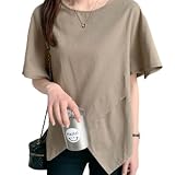 [JLBOCMGT] 半袖Tシャツ レディース トップス ブラウス 無地 丸首 5分袖 ギャザー デザイン感 不規則な裾 痩せて見え 大きいデザイン 薄手 涼しい 普段着 お出掛け 春夏秋