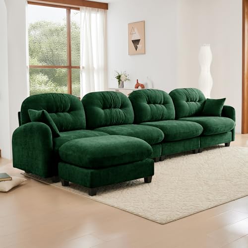 Image of KEIKI 140 inch L-Shaped Oversized Chenille Modular Sectional Sofa with 1 Ottoman, High-Density Foam Cushions, Tufted Pleated Cushion Backrest, Modern 4-Seater Couch with 2 Pillow, for Living Room, Green