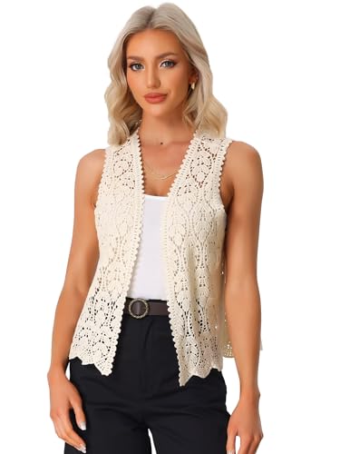 Allegra K Women's Floral Crochet Hollow Out Sleeveless Open Front Boho Vest Cardigan