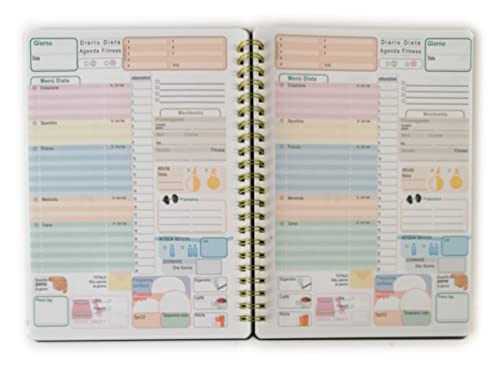 Agenda Diario Dieta Fitness Planner, formato A5 14,5x20,5cm - 50 Fogli (100 giorni) unico layout, con spirale metallica copertina nera - Italiano