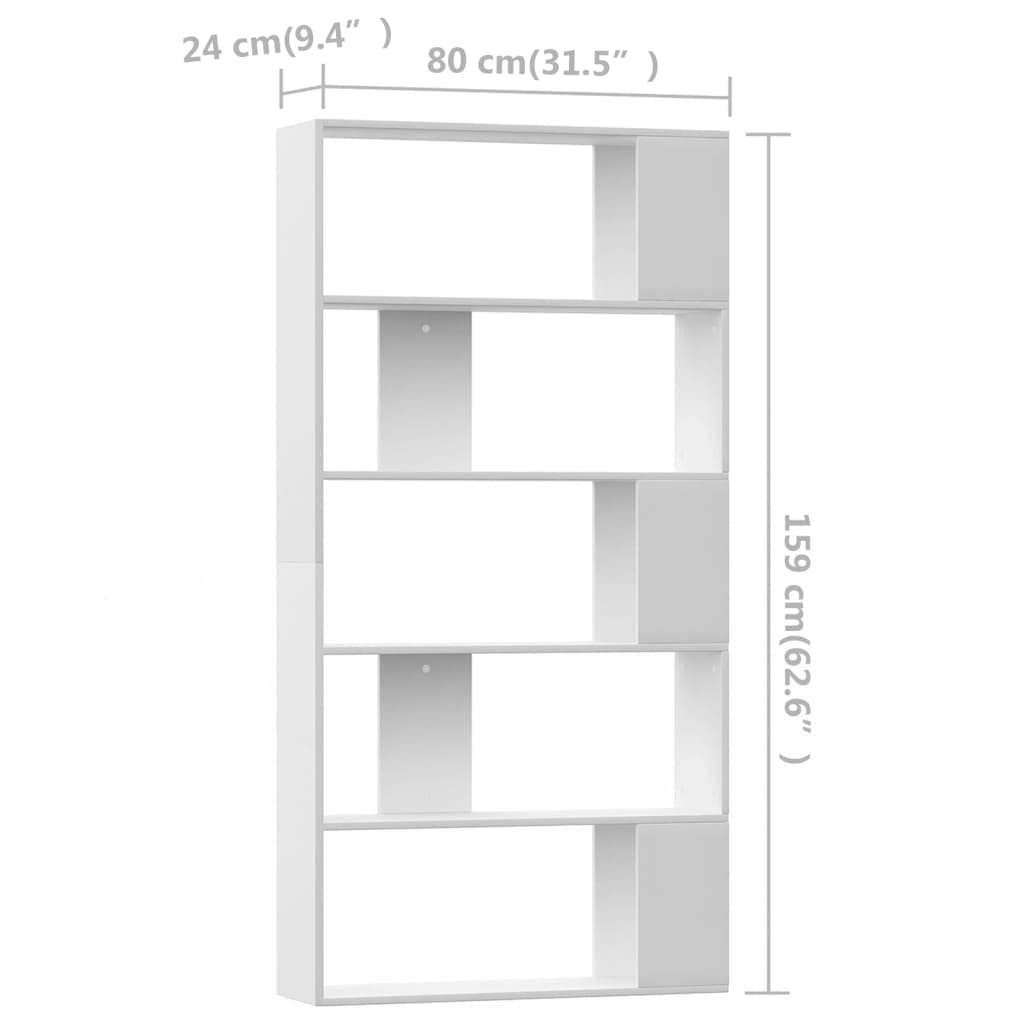 Bücherregal Weiß 80x24x159 cm Holzwerkstoff mit 5 großen Fächern, freistehend als Raumteiler, Stauraum für Bücher, Ordner, Deko im Wohnzimmer, Büro, Kinderzimmer, platzsparend und robust