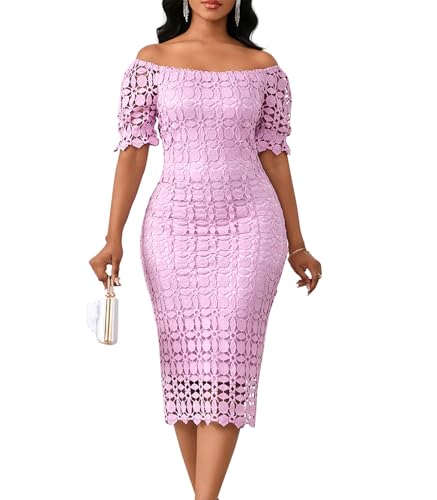 Image of Cololura Elegant Sexy Floral Lace Short Sleeve Off Shoulder Evening Gown Party Formal Bodycon Midi Dress