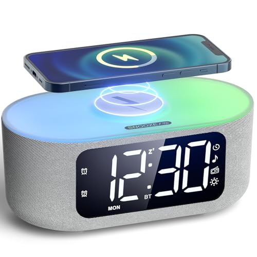 LIORQUE Alarm Clock Bedside with Qi Wireless Charging Smart Alarm Clock LED Display FM Radio Bluetooth Speaker Mains Powered Auto Dimming Dual Alarms Weekend Mode Sound Sleep Feature