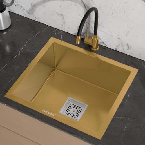 Image of HARDSTONE Premium Kitchen Sink | Single Bowl 16x18x9 Inch | Handmade Heavy Duty Stainless Steel Wash Basin with Matte Gold Finish | Includes Waste Hose Pipe, Coupling & Compact Drying Rack | Gold