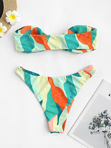 Zaful Women Tied Bandeau Bikini Swimsuit, Colorblock Removable Pads Bikini Swimwear(Y-Multi Green,S) #TOP4