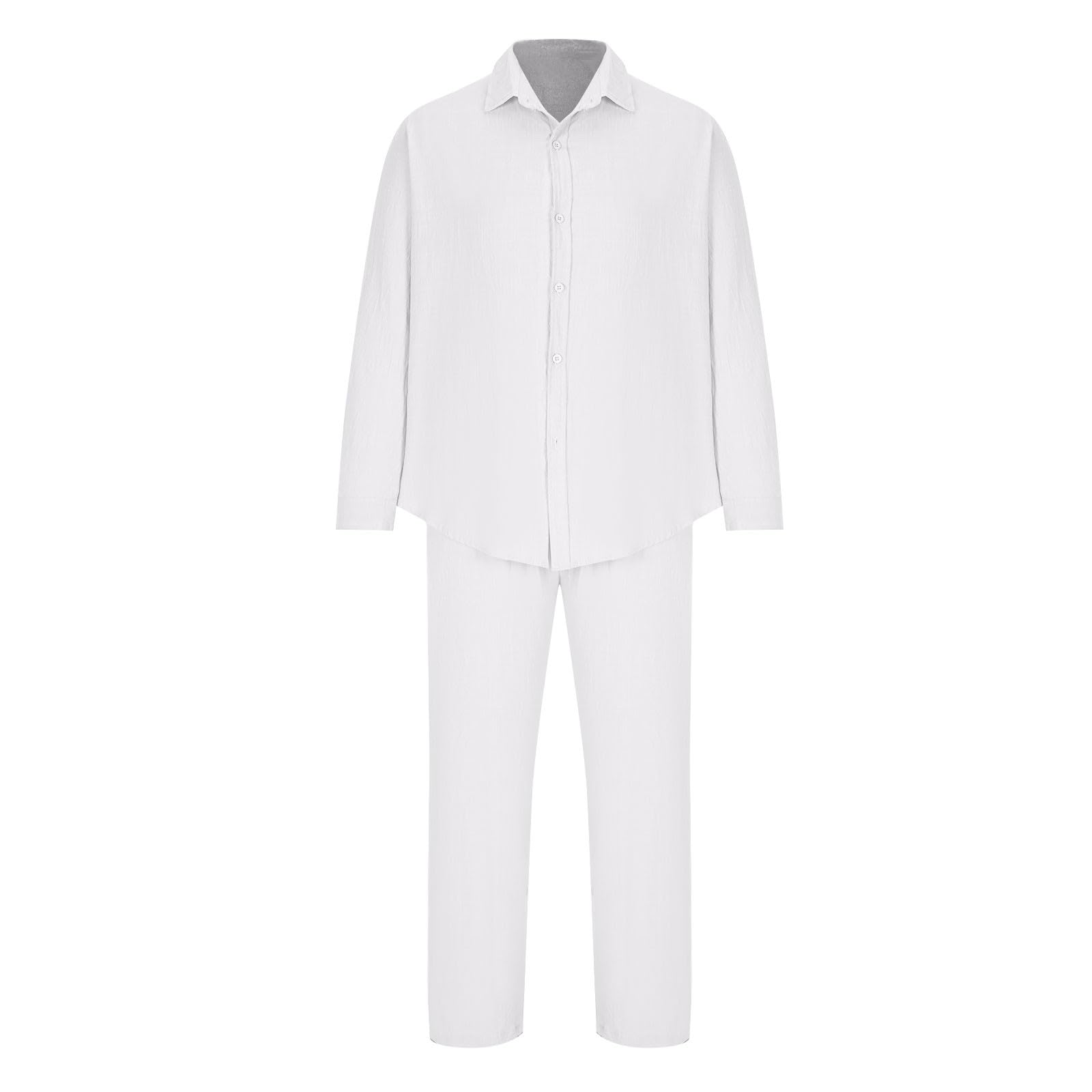 Conjunto de 2 piezas de lino casual para hombre, camisas de manga larga con botones y pantalones de pierna recta