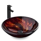 Bathroom Artistic Vessel Sink, Tempered Glass Vanity Round Bowl with Black Faucet and Pop up drain Set, Flame Red