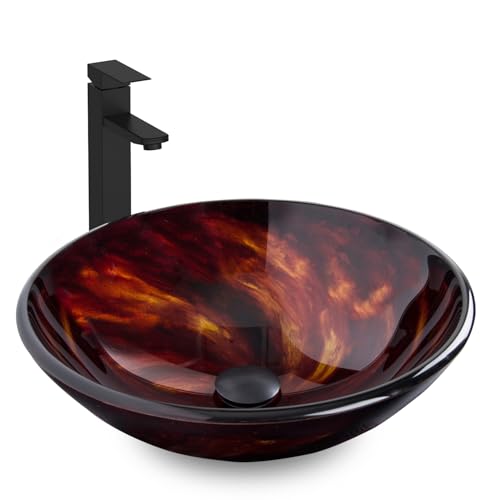 SOLIDEE Bathroom Artistic Vessel Sink, Tempered Glass Vanity Round Bowl with Black Faucet and Pop up drain Set, Flame Red