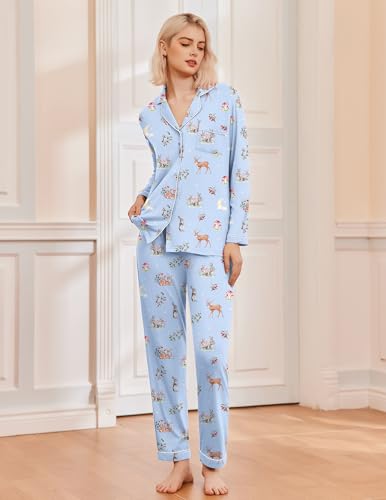 Image of Ekouaer Pajamas Women's Long Sleeve Sleepwear Soft Button Down Loungewear Pjs Lounge Set Nightwear XS-XXL