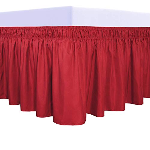 PureFit Wrap Around Ruffled Bed Skirt with Adjustable Elastic Belt - 22 Inch Drop Easy to Put On, Wrinkle Free Bedskirt Dust Ruffles, Bed Frame Cover for Twin,Twin XL and Full Size Beds, Red