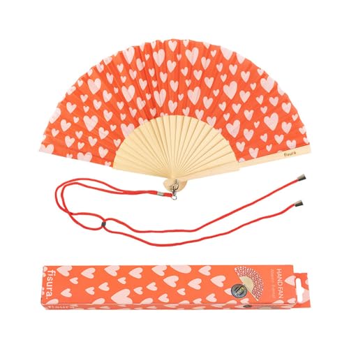 Fisura - Éventail original avec impression de cœurs. Éventail moderne et coloré en bois. Éventail rouge et rose. Dimensions : 42,5 x 23 cm. Bois et textile