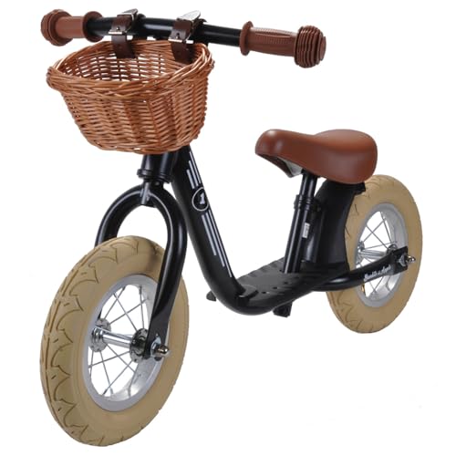 Bandits & Angels Laufrad aus Metall mit Weidenkorb Retro Schwarz mit Trittbrett ab 2 Jahren – Schwarzes Lauflernrad – Verstellbarer Sattel 29 bis 39 cm – Für Jungen und Mädchen – Niedriger Einstieg