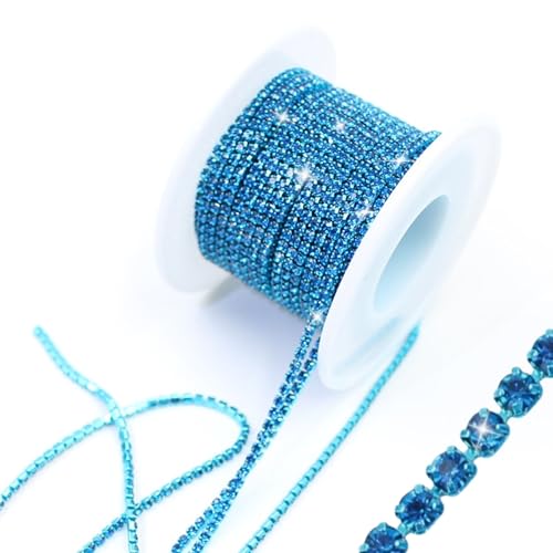 PEARLY JUN 10 yardas/rollo Capri Azul Colores Cristal Strass Rhinestone Trim Copa Cadena SS6 2mm Colores plateado Copa coser en la decoración de la ropa ML144