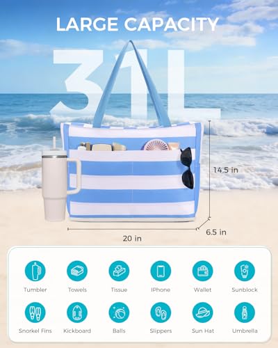 Image of WANDF Beach Bags for Women, Large Waterproof Sandproof Beach Tote Bag with Zipper Family Pool Bags with 40oz Tumbler Pocket, Swim Cruise Vacation Essentials (Blue)