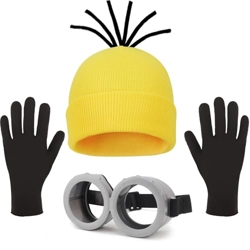 DRESHOW 3 Pcs Lunettes Steampunk Vintage Bonnet Tricoté Jaune Gants Noirs Set pour Fête de Cosplay d'Halloween et Carnaval Accessoires de Deguisement Drole...