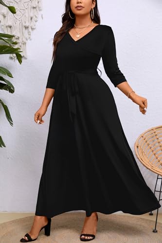 Runwind Plus Size Dress for Women - 3/4 Sleeve V Neck Maxi Dresses for Women （XL-6XL）4