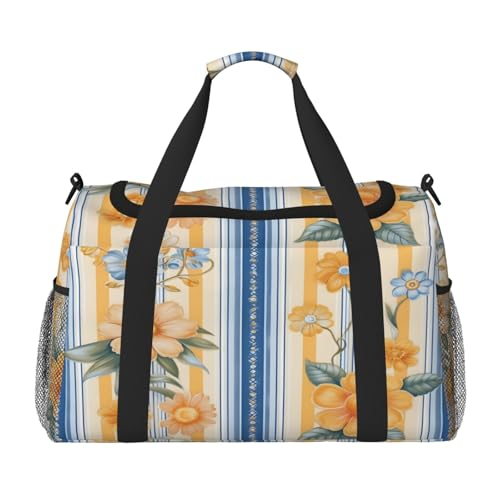 Travel Duffel Bag For Men Women, Blue Yellow Stripe Flower Carry On Sport Gym Bag With Shoulder Strap Lightweight Waterproof Weekender Bag Overnight Bag