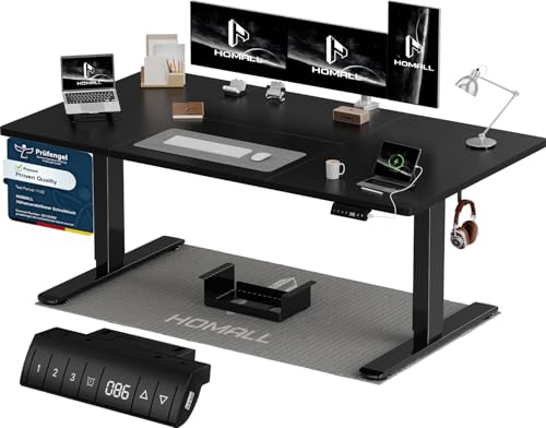 Homall Höhenverstellbarer Schreibtisch 160x80cm mit USB-A Ladeanschluss, Elektrischer Schreibtisch mit Kabel Management Tray, Standing Desk mit 3 Memory Funktion, Computertisch Schwarz