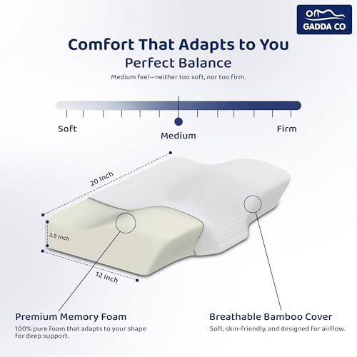 Image of GADDA CO Cervical Pillow for Neck & Shoulder Pain - Orthopedic Memory Foam Neck Support Pillow for Sleeping, Contour & Side Sleeper, Spondylitis Relief, Anti-Snoring - 20x12x2.5 Inch, White, Pack of 2