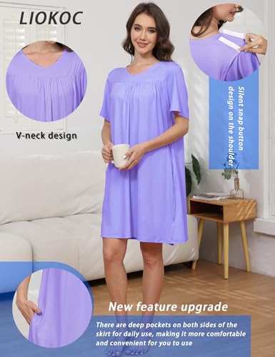 Image of Hospital Gowns for Women Open Back Tear Away Snap Post shoulder Dress Short Sleeve Soft Adaptive Clothing with Pockets