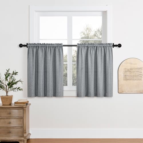 Home Queen Water Resistant Bathroom Window Curtains, Dot Waffle Textured Rod Pocket Cafe Curtains for Shower Window, Kitchen and Small Windows, 2 Panels, 36 W X 45 L Inches, Charcoal — view 6