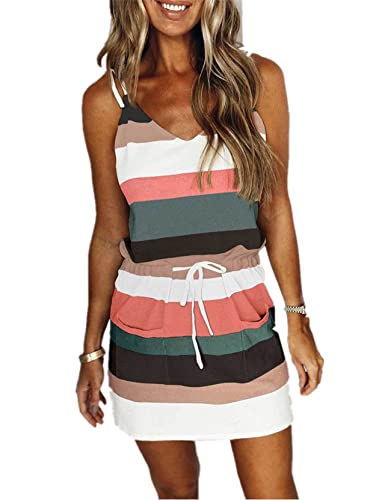 TOPLAZA Vestido de Verano Playa Mujer Mini con Bolsillo Tirantes Escote en Pico, Verde, M