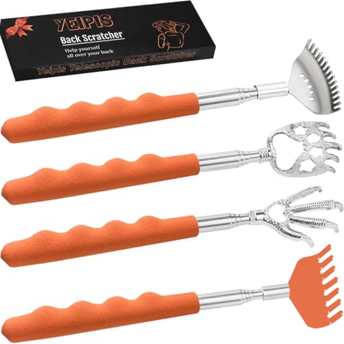 Image of 4 Pack Different Style Back Scratcher Metal Portable Telescoping Back scratchers, Extendable Back Massager Tool with Beautiful Box, Stocking Stuffers Gift for Men Women(Orange)