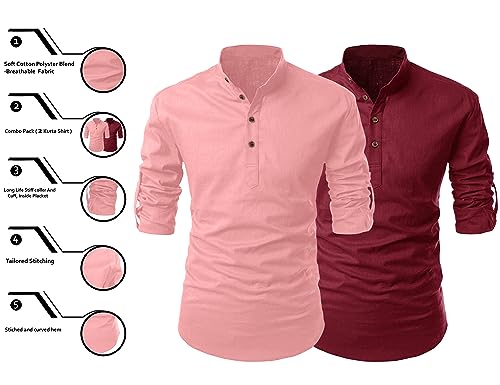 Image of FINIVO FASHION Combo of Men's Cotton Blend Solid Regular Fit Full Sleeve Straight Short Kurta Shirt, Casual and Formal Wear